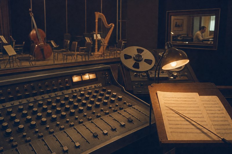 Redaktionelle Komposition zur Hamburger Musikproduktion der frühen 1960er Jahre — Aufnahmestudio, Mischpult, Orchesterpartitur